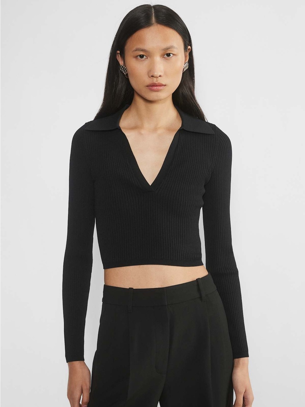 Aritzia Babaton Women's Black Ribbed V-Neck Polo Crop Top